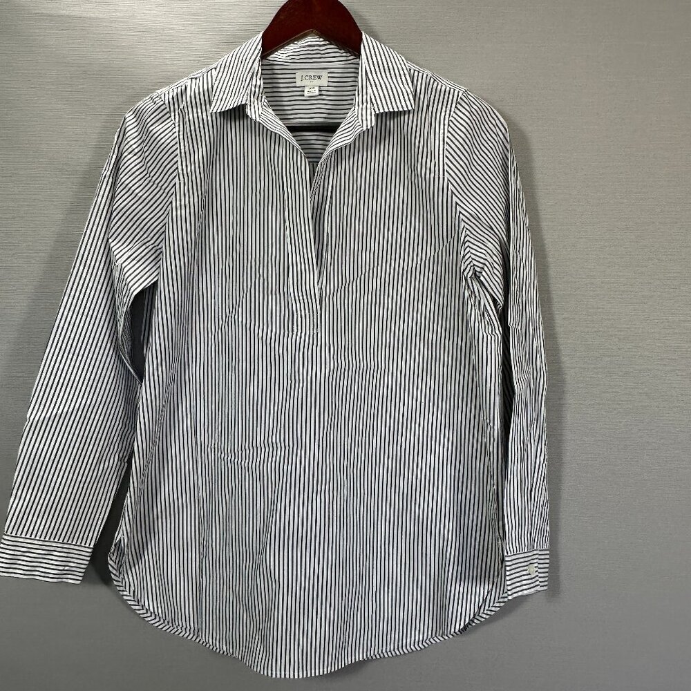 J Crew Top Womens XS High Low Popover Tunic Blue Stripe Cotton Long Sleeve VNeck